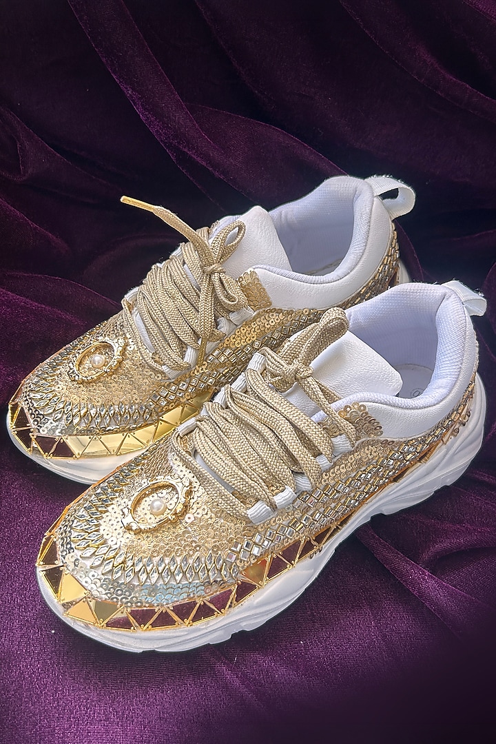 Golden Vegan Leather sequins work Sneakers by Chal Jooti at Pernia's Pop Up Shop