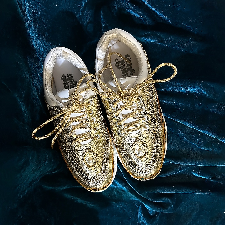 Golden Vegan Leather sequins work Sneakers by Chal Jooti at Pernia's Pop Up Shop