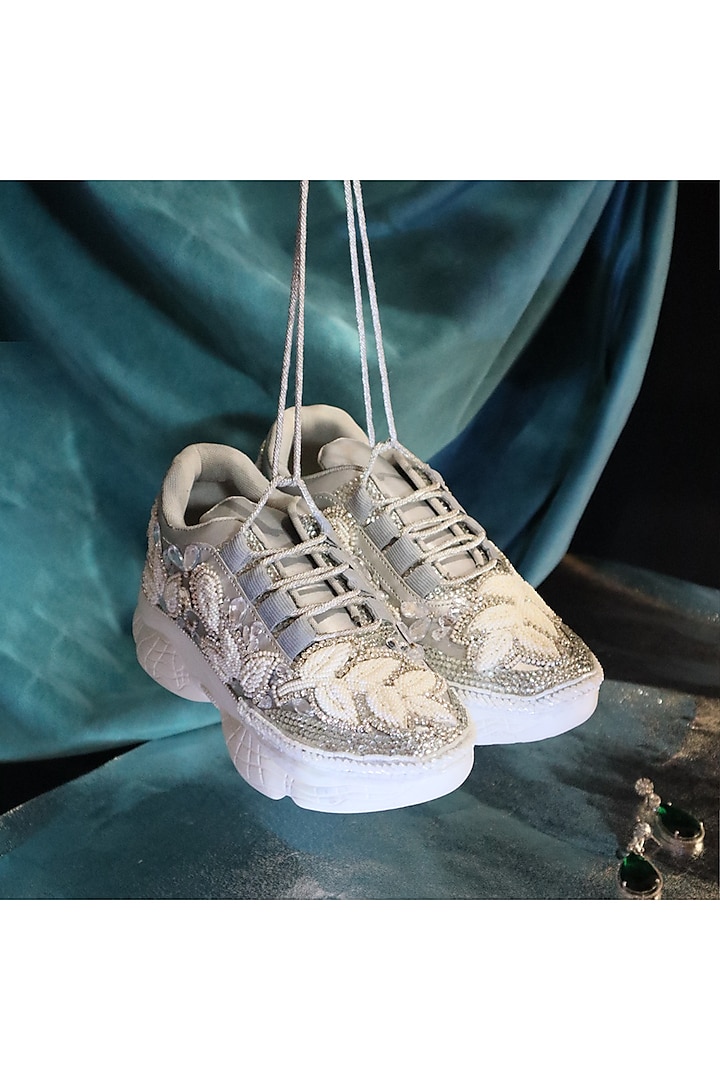 Silver Vegan Leather Bugal Beads Embroidered Sneakers by Chal Jooti at Pernia's Pop Up Shop