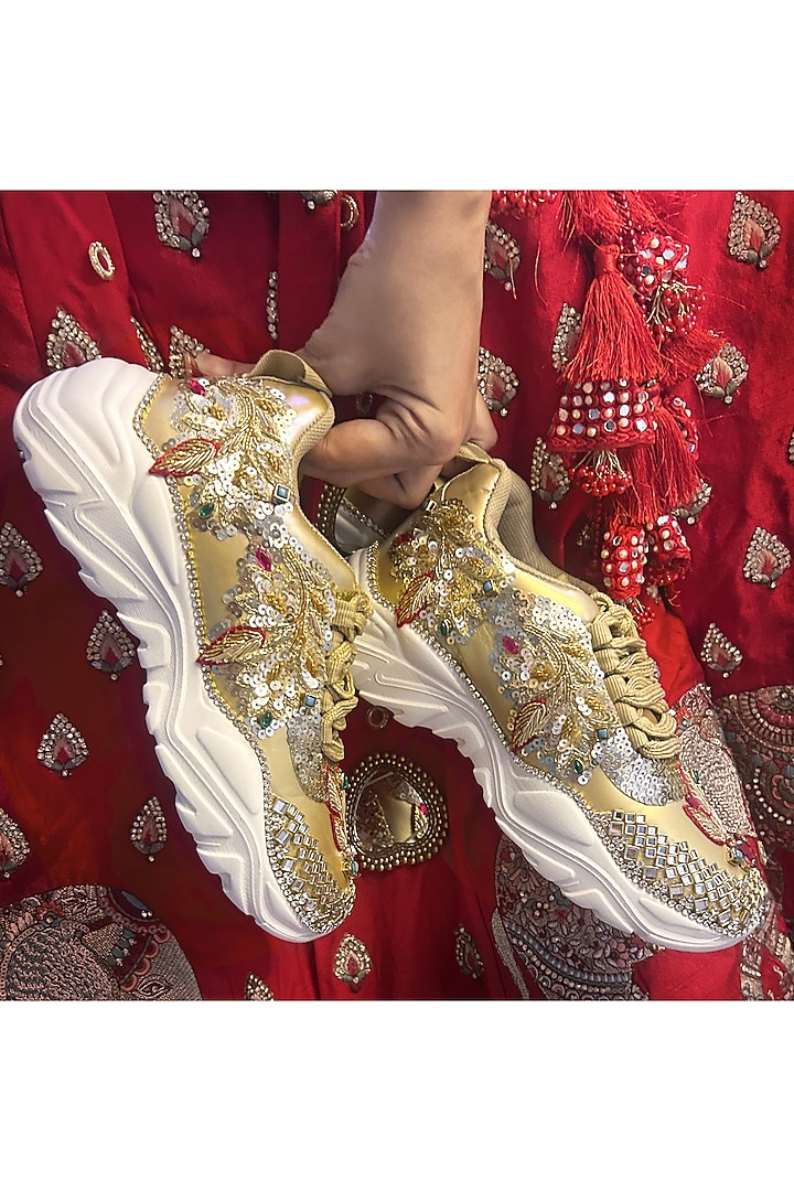 Multi-Colored Vegan Leather Leaf & Stone Embroidered Sneakers by Chal Jooti at Pernia's Pop Up Shop