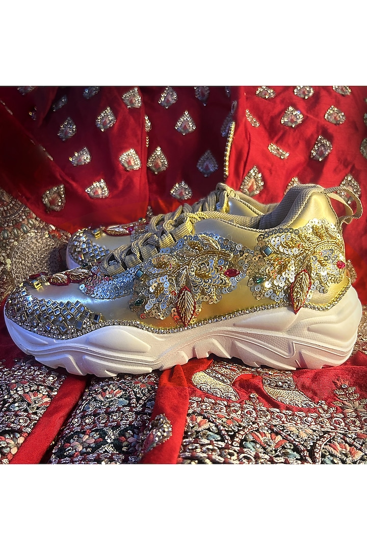 Multi-Colored Vegan Leather Leaf & Stone Embroidered Sneakers by Chal Jooti at Pernia's Pop Up Shop