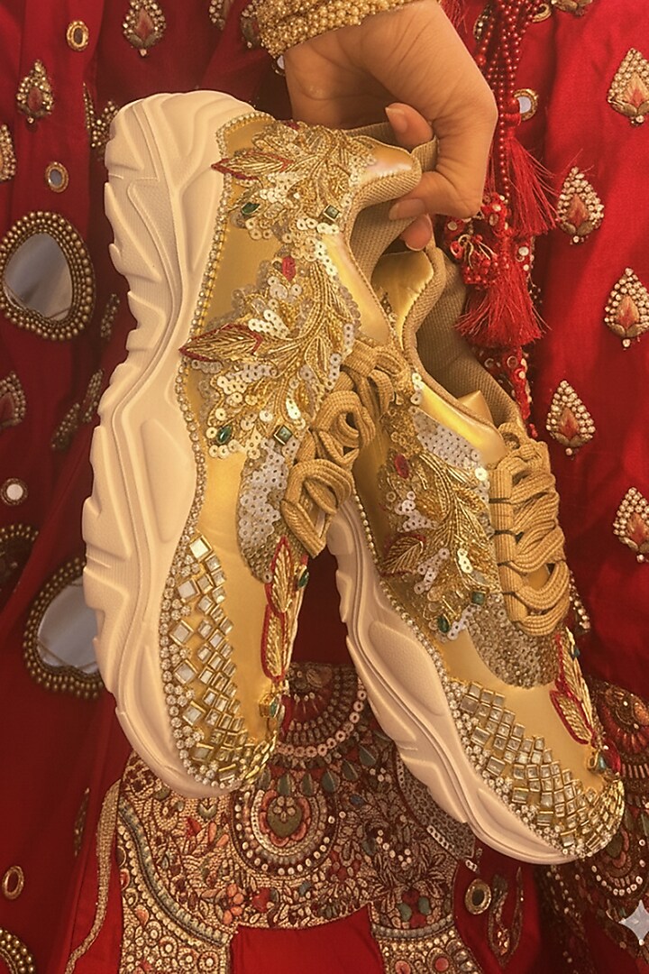 Multi-Colored Vegan Leather Leaf & Stone Embroidered Sneakers by Chal Jooti at Pernia's Pop Up Shop