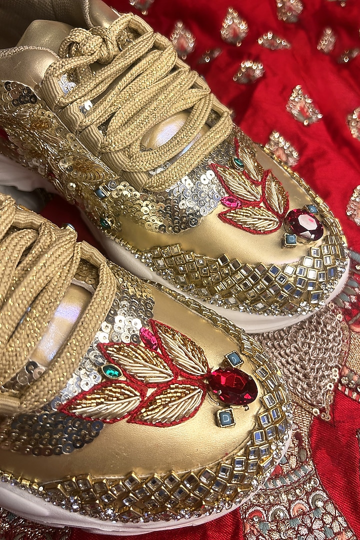Multi-Colored Vegan Leather Leaf & Stone Embroidered Sneakers by Chal Jooti at Pernia's Pop Up Shop
