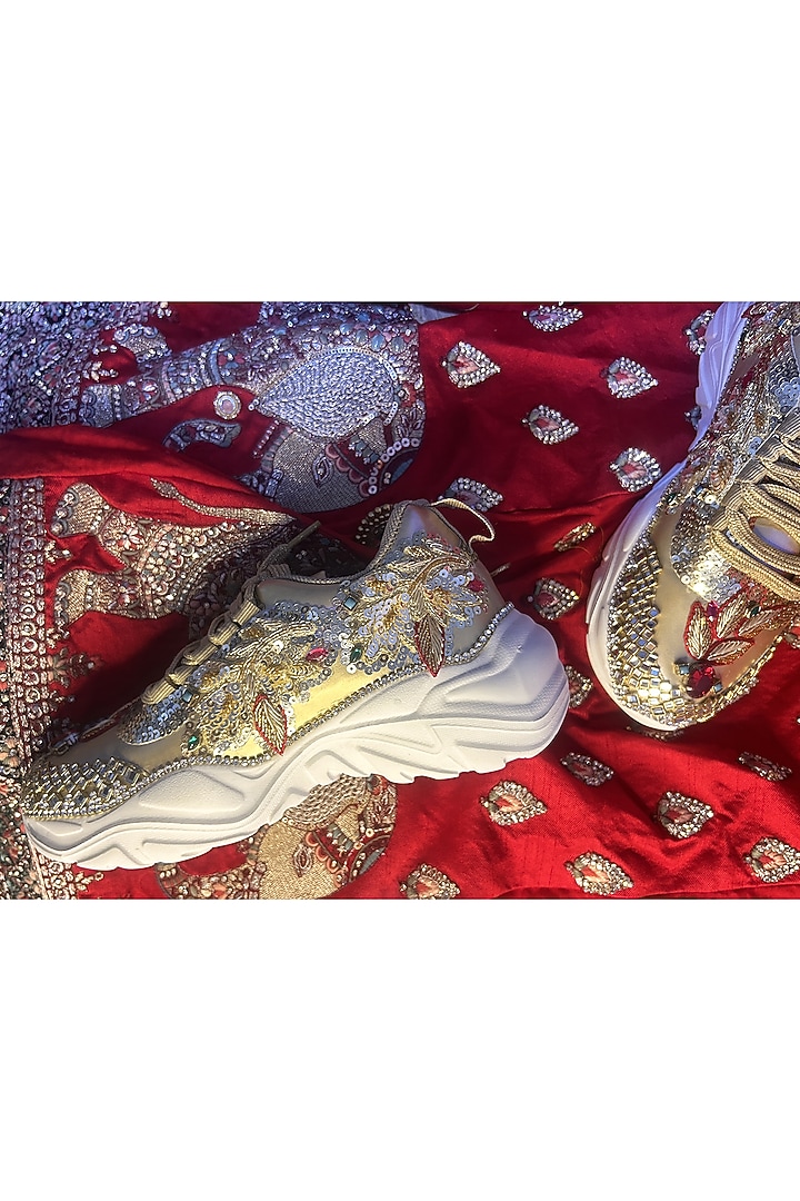 Multi-Colored Vegan Leather Leaf & Stone Embroidered Sneakers by Chal Jooti at Pernia's Pop Up Shop
