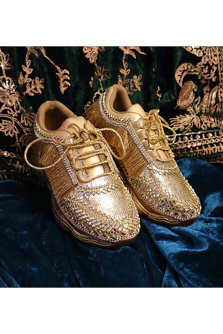 Gold Synthetic Leather Embellished Sneakers by Chal Jooti at Pernia's Pop Up Shop