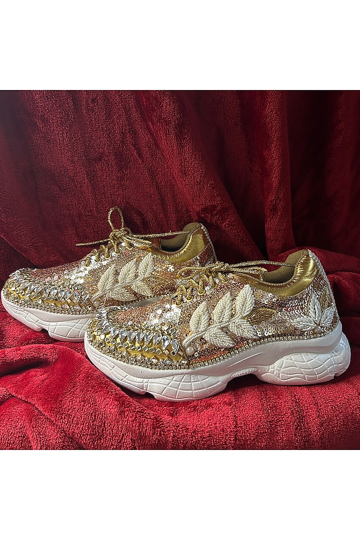 Rose Gold Synthetic Leather Embellished Sneakers by Chal Jooti at Pernia's Pop Up Shop