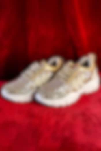 Rose Gold Synthetic Leather Embellished Sneakers by Chal Jooti at Pernia's Pop Up Shop