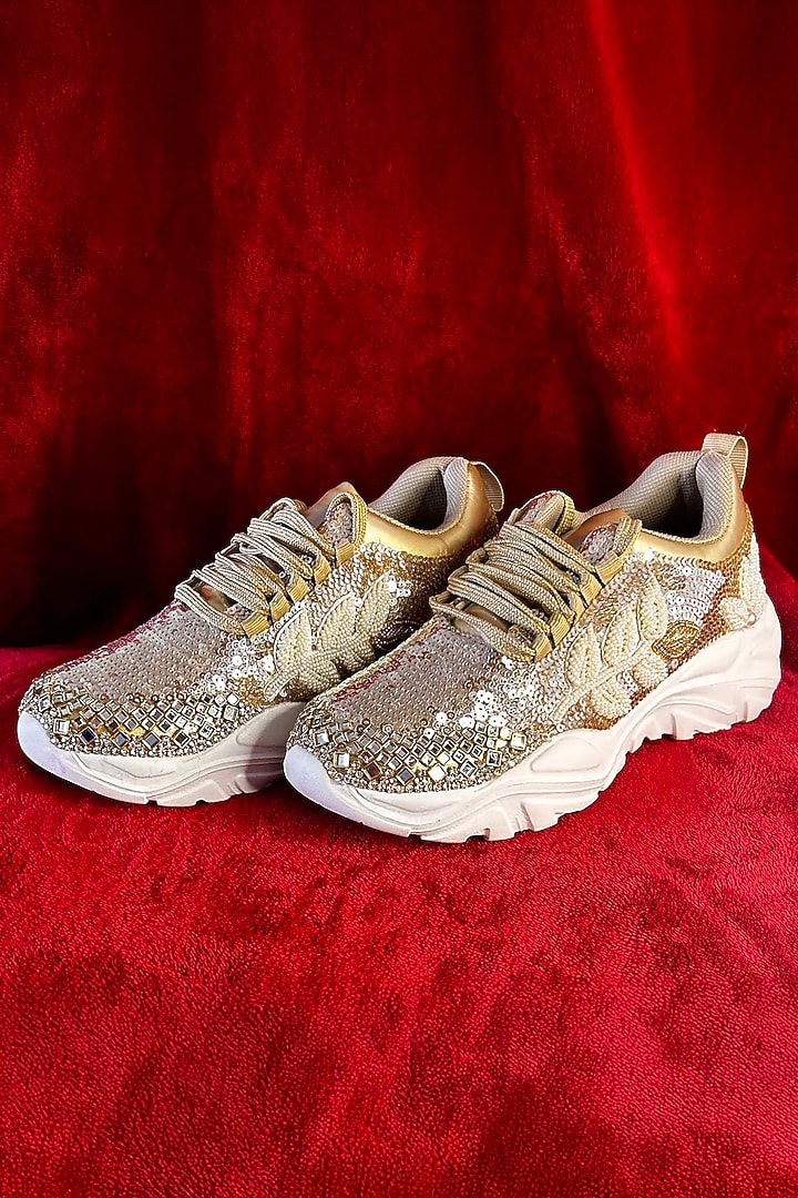 Rose Gold Synthetic Leather Embellished Sneakers by Chal Jooti at Pernia's Pop Up Shop