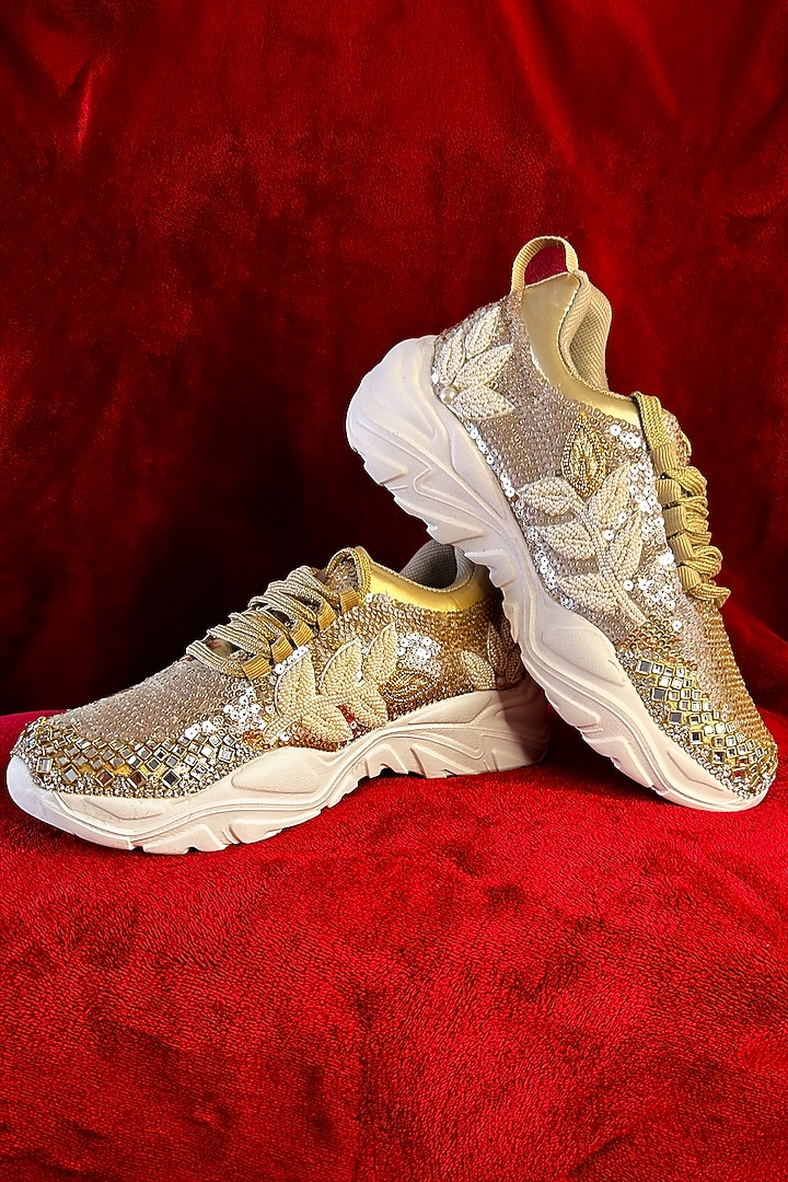 Rose Gold Synthetic Leather Embellished Sneakers by Chal Jooti at Pernia's Pop Up Shop