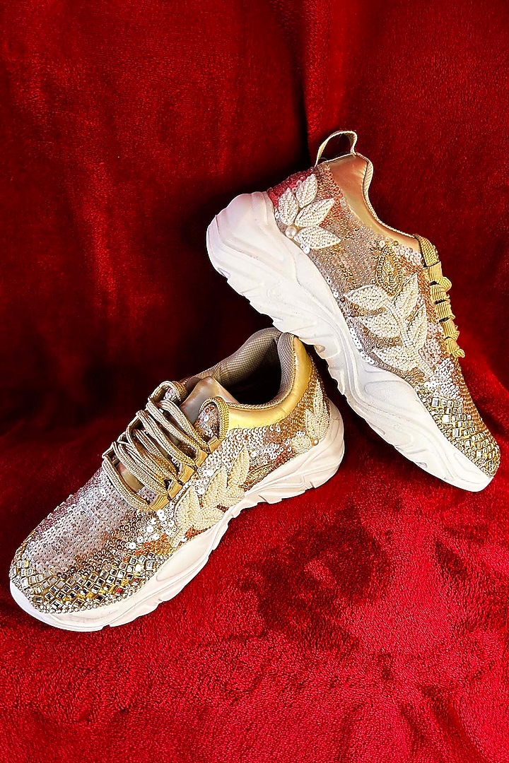 Rose Gold Synthetic Leather Embellished Sneakers by Chal Jooti at Pernia's Pop Up Shop