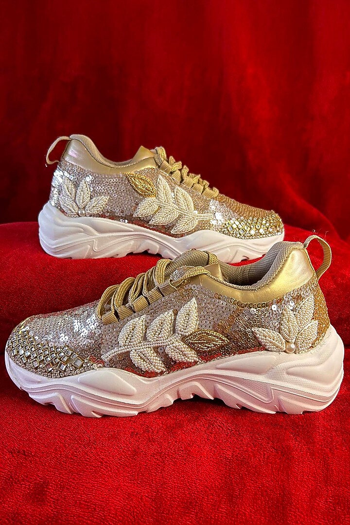 Rose Gold Synthetic Leather Embellished Sneakers by Chal Jooti at Pernia's Pop Up Shop