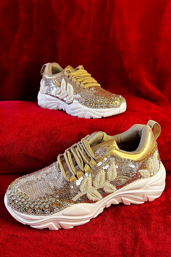 Rose Gold Synthetic Leather Embellished Sneakers by Chal Jooti at Pernia's Pop Up Shop