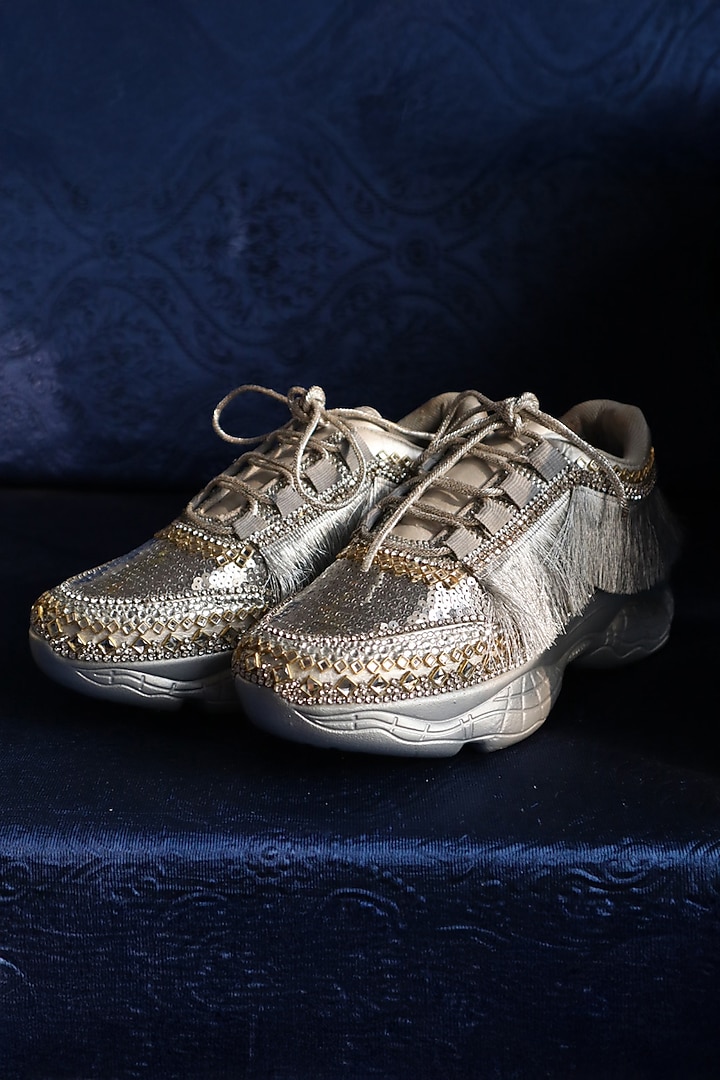 Silver Synthetic Leather Shoes by Chal Jooti at Pernia's Pop Up Shop