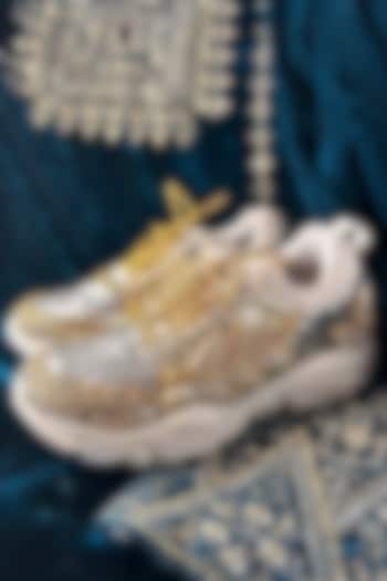Gold & Silver Synthetic Leather Embellished Sneakers by Chal Jooti at Pernia's Pop Up Shop