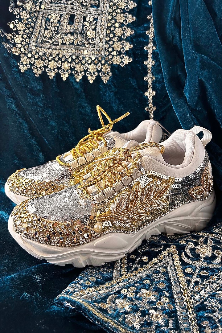 Gold & Silver Synthetic Leather Embellished Sneakers by Chal Jooti at Pernia's Pop Up Shop