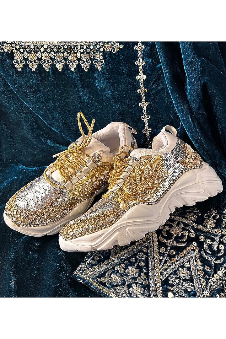 Gold & Silver Synthetic Leather Embellished Sneakers by Chal Jooti at Pernia's Pop Up Shop