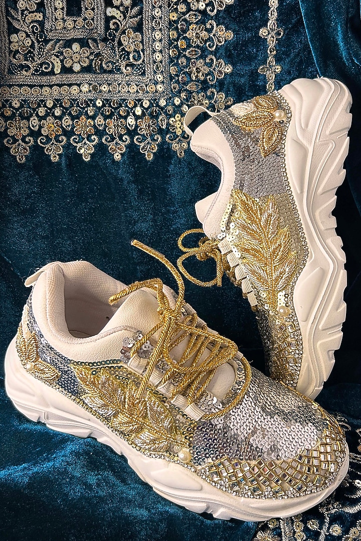 Gold & Silver Synthetic Leather Embellished Sneakers by Chal Jooti at Pernia's Pop Up Shop