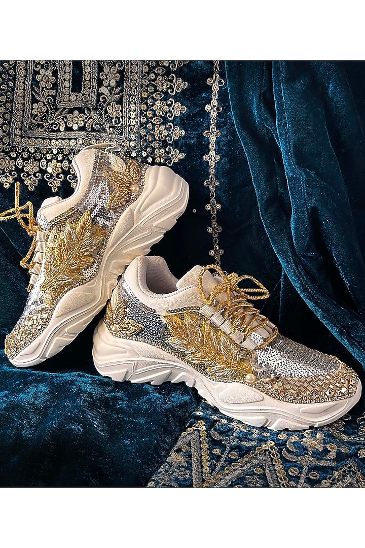 Gold & Silver Synthetic Leather Embellished Sneakers by Chal Jooti at Pernia's Pop Up Shop