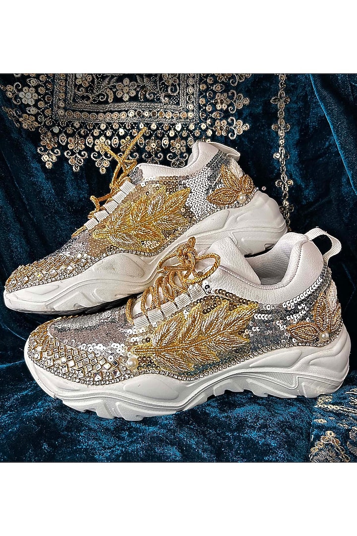 Gold & Silver Synthetic Leather Embellished Sneakers by Chal Jooti at Pernia's Pop Up Shop