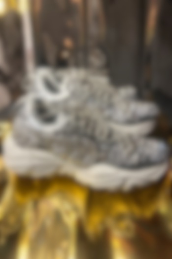Silver Vegan Leather Sequins & Crystal Work Sneakers by Chal Jooti at Pernia's Pop Up Shop