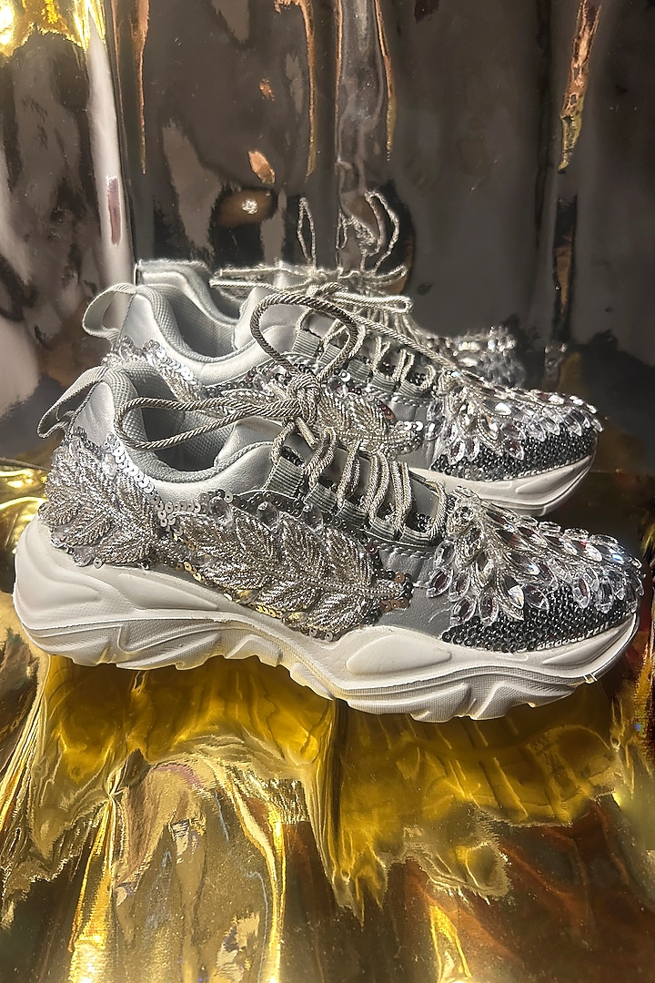 Silver Vegan Leather Sequins & Crystal Work Sneakers by Chal Jooti at Pernia's Pop Up Shop