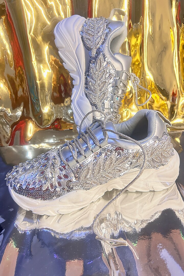 Silver Vegan Leather Sequins & Crystal Work Sneakers by Chal Jooti at Pernia's Pop Up Shop