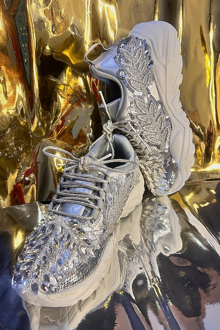 Silver Vegan Leather Sequins & Crystal Work Sneakers by Chal Jooti at Pernia's Pop Up Shop