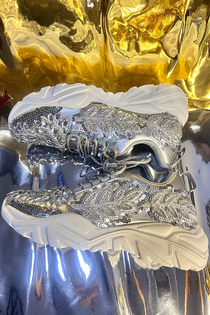 Silver Vegan Leather Sequins & Crystal Work Sneakers by Chal Jooti at Pernia's Pop Up Shop