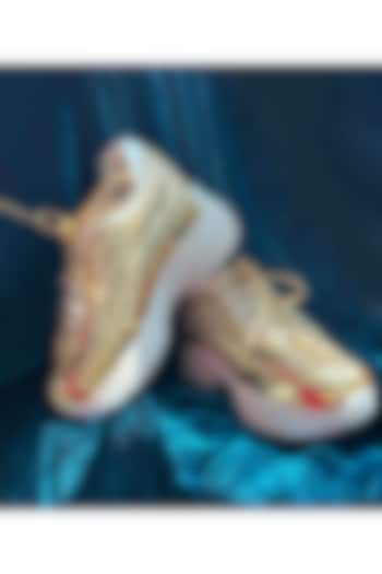 Gold Vegan Leather & Airmix Sequins Work Sneakers by Chal Jooti at Pernia's Pop Up Shop