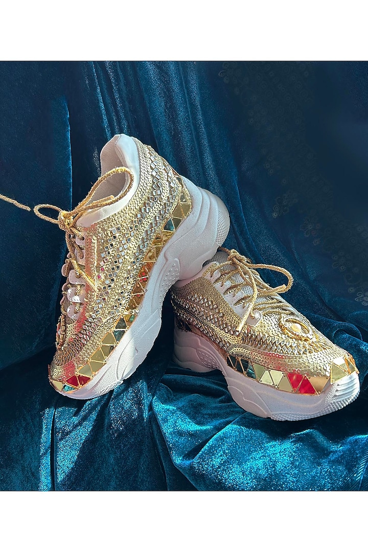Gold Vegan Leather & Airmix Sequins Work Sneakers by Chal Jooti at Pernia's Pop Up Shop