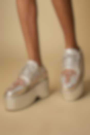 Silver Vegan Leather Embroidered Sneakers by Chal Jooti at Pernia's Pop Up Shop