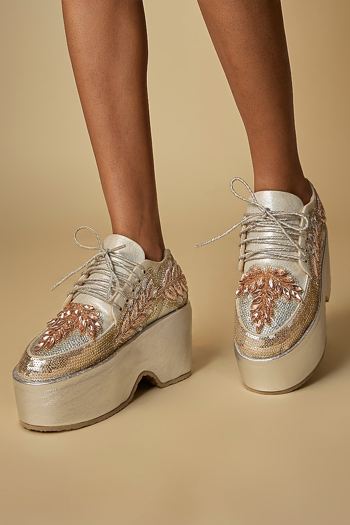 Silver Vegan Leather Embroidered Sneakers by Chal Jooti at Pernia's Pop Up Shop