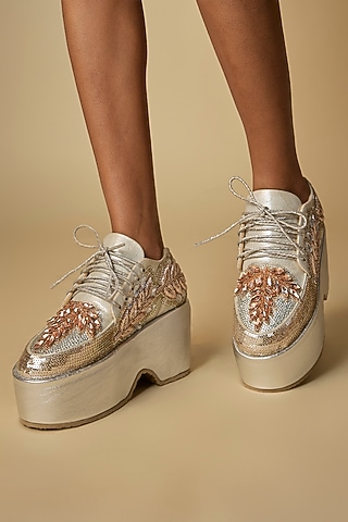 Silver Vegan Leather Embroidered Sneakers by Chal Jooti