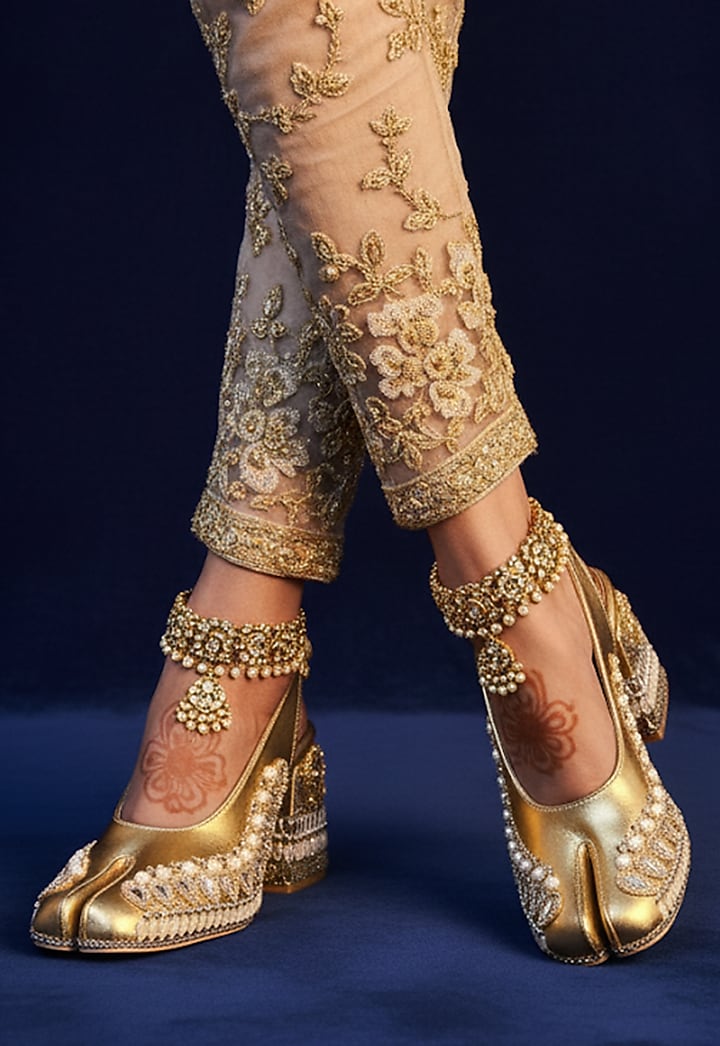 Gold & Silver Vegan Leather Embroidered Jutti Heels by Chal Jooti at Pernia's Pop Up Shop
