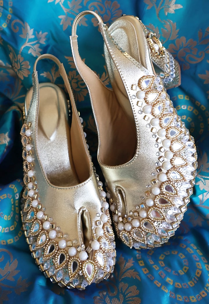 Gold & Silver Vegan Leather Embroidered Jutti Heels by Chal Jooti at Pernia's Pop Up Shop