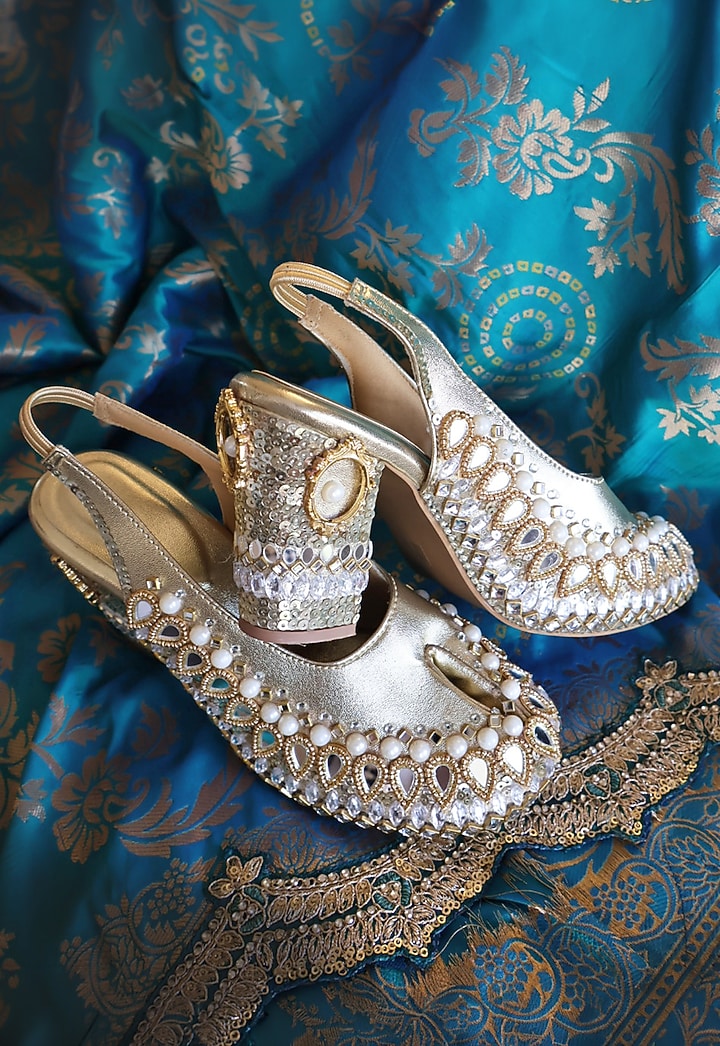 Gold & Silver Vegan Leather Embroidered Jutti Heels by Chal Jooti at Pernia's Pop Up Shop