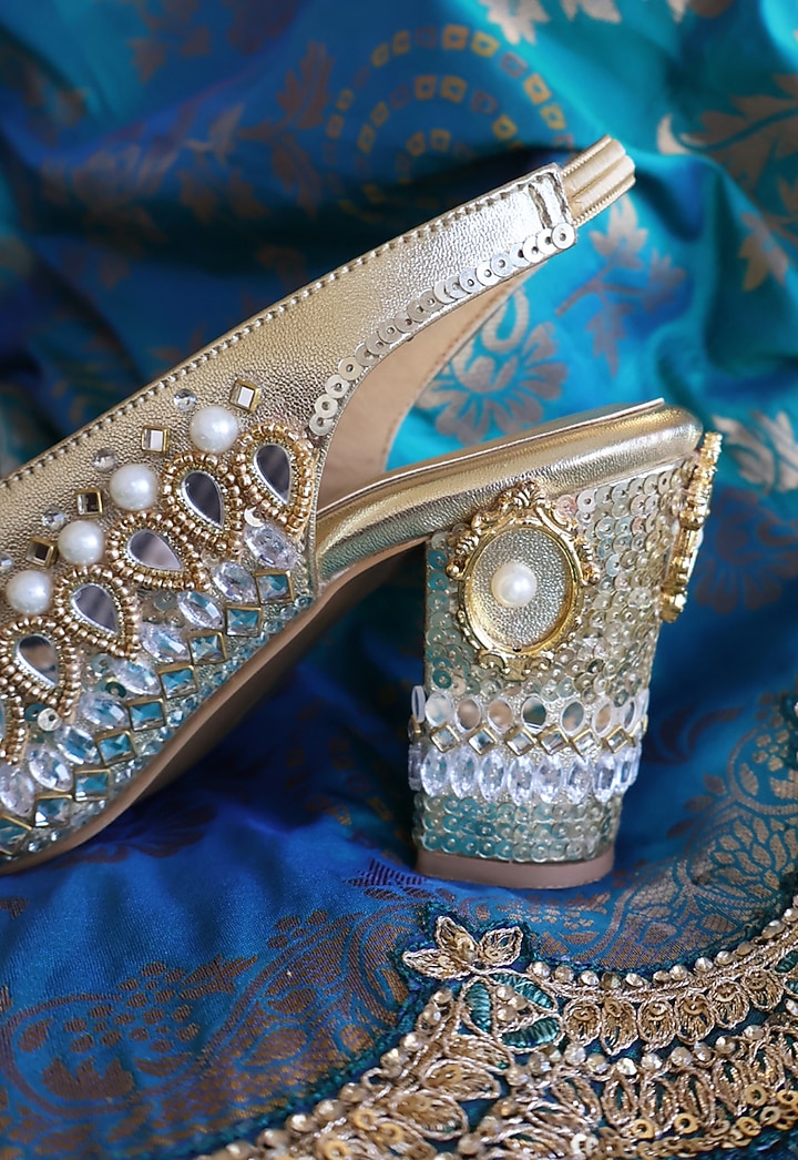 Gold & Silver Vegan Leather Embroidered Jutti Heels by Chal Jooti at Pernia's Pop Up Shop