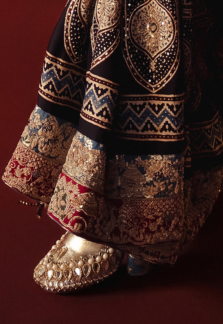 Gold & Silver Vegan Leather Embroidered Jutti Heels by Chal Jooti at Pernia's Pop Up Shop
