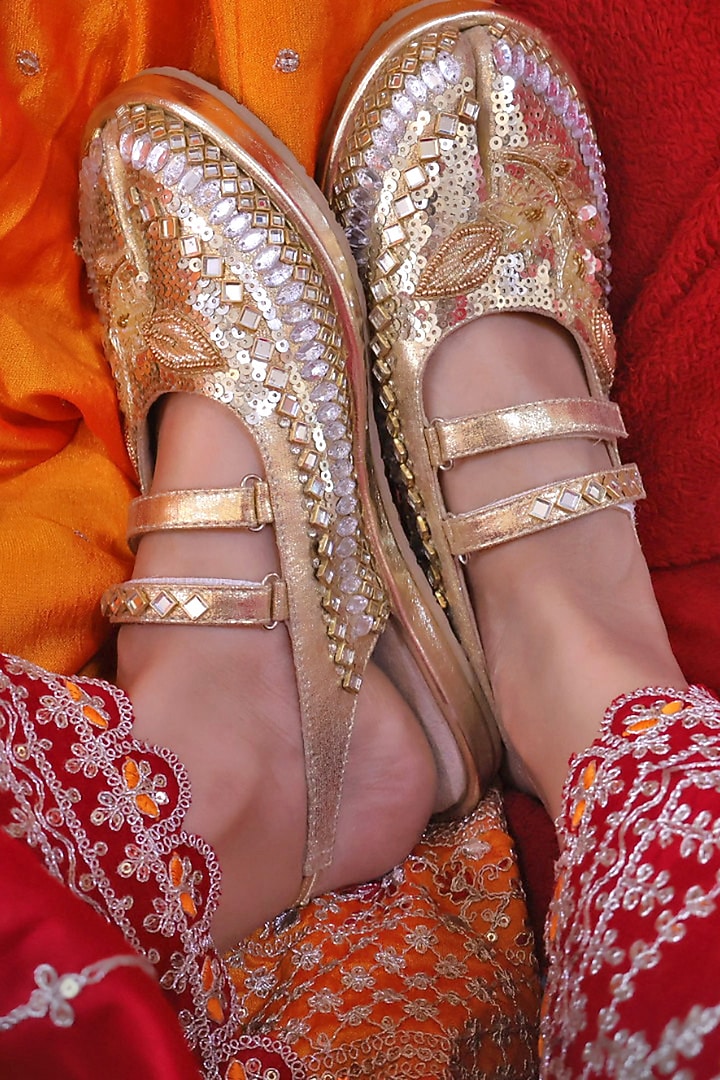 Gold & Silver Vegan Leather Embroidered Shoes by Chal Jooti at Pernia's Pop Up Shop
