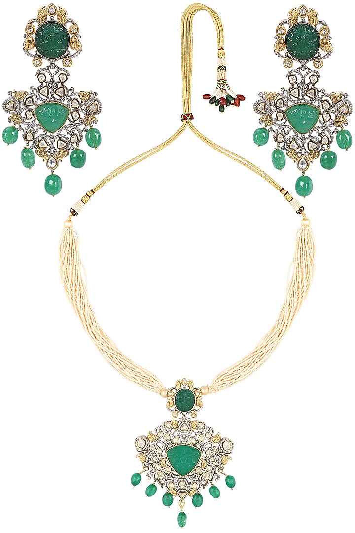 Chhavi's Jewel presents Gold finish emerald jaal pendant pearl multiple string necklace set available only at Pernia's Pop Up Shop.
