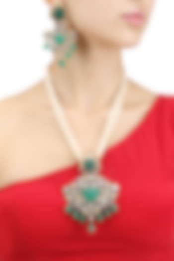 Gold Finish Emerald Jaal Pendant Pearl Multiple String Necklace Set by Chhavi's Jewels