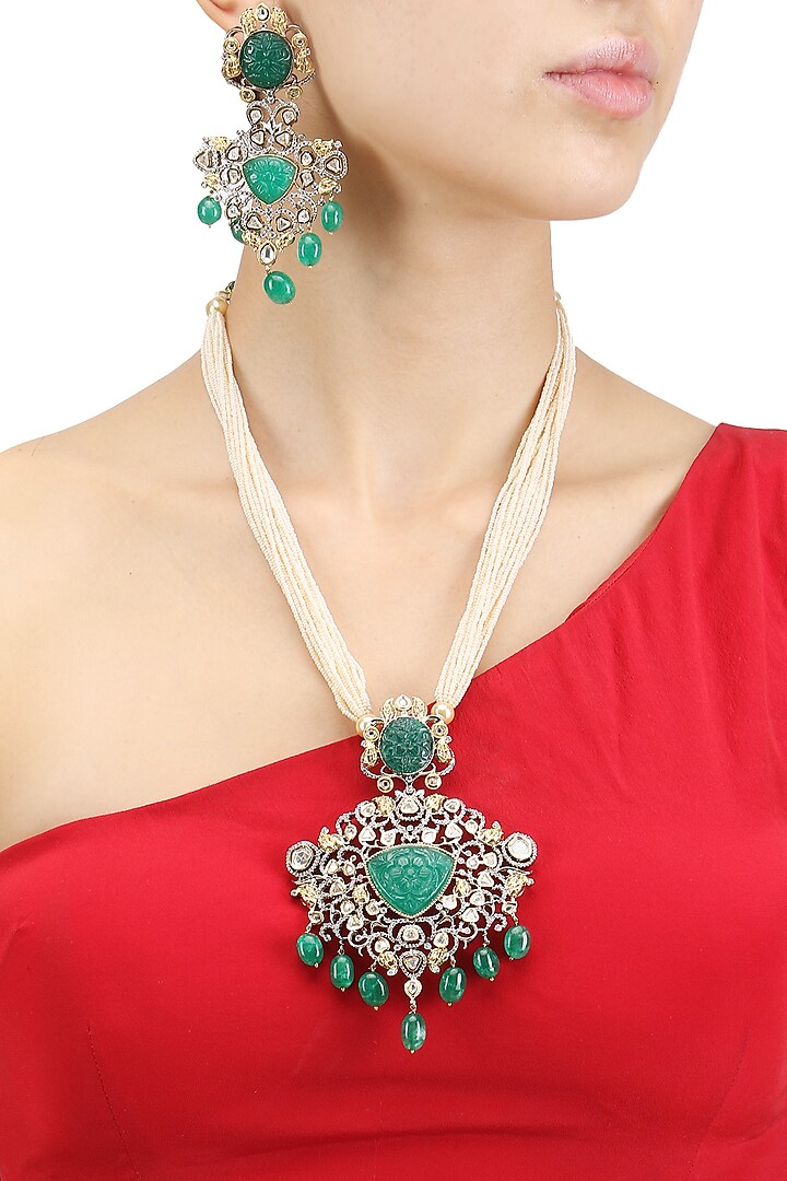 Gold Finish Emerald Jaal Pendant Pearl Multiple String Necklace Set by Chhavi's Jewels