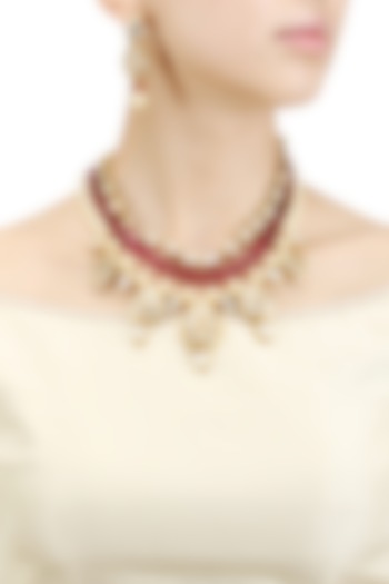 Gold Finish Kundan and Red Stone Necklace Set by Chhavi's Jewels