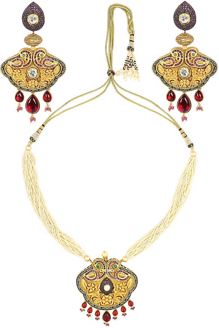 Chhavi's Jewel presents Gold finish textured pendant pearl multiple string necklace set available only at Pernia's Pop Up Shop.