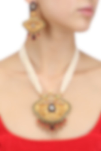 Gold Finish Textured Pendant Pearl Multiple String Necklace Set by Chhavi's Jewels