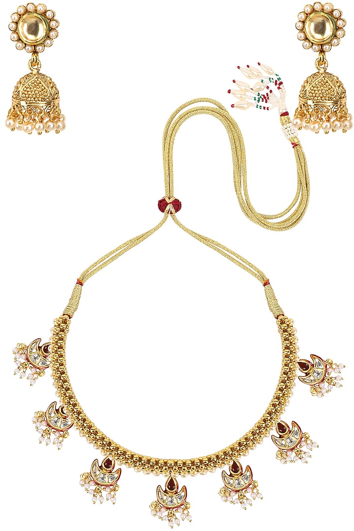 Chhavi's Jewel presents Gold finish kundan crescent motifs necklace set available only at Pernia's Pop Up Shop.