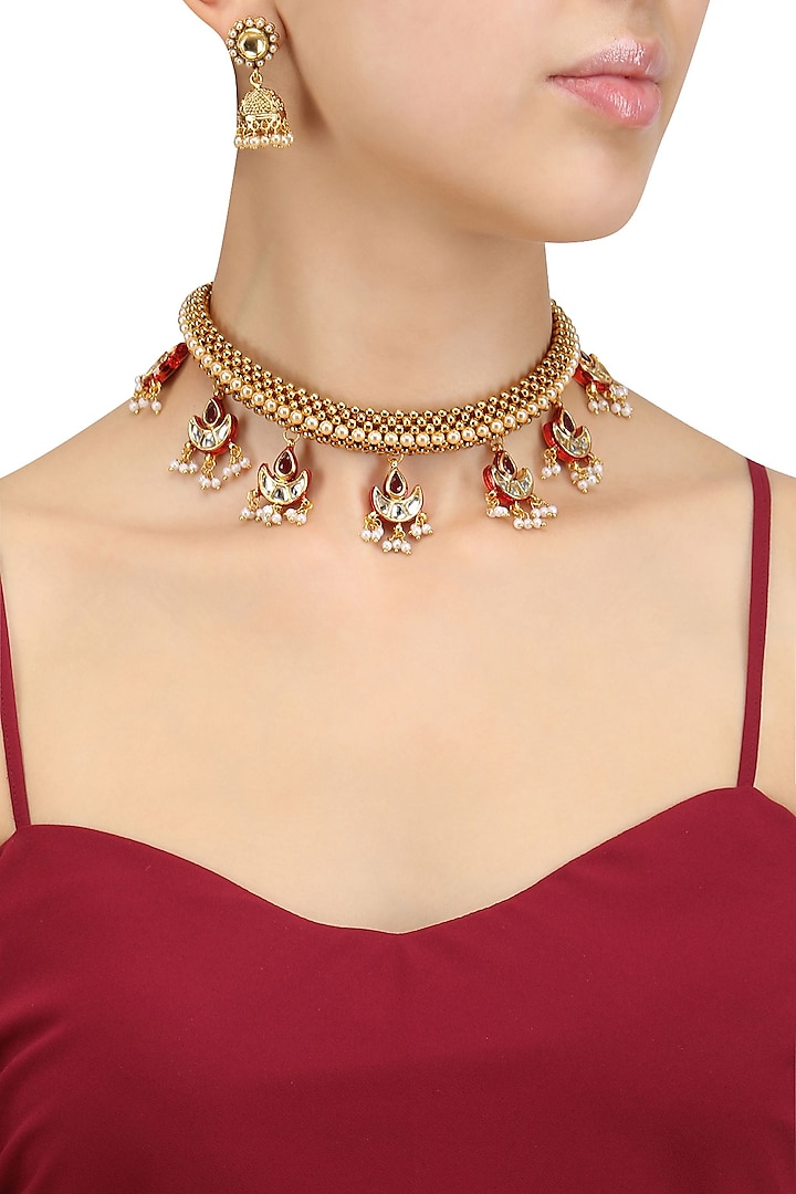 Gold Finish Kundan Crescent Motifs Necklace Set by Chhavi's Jewels