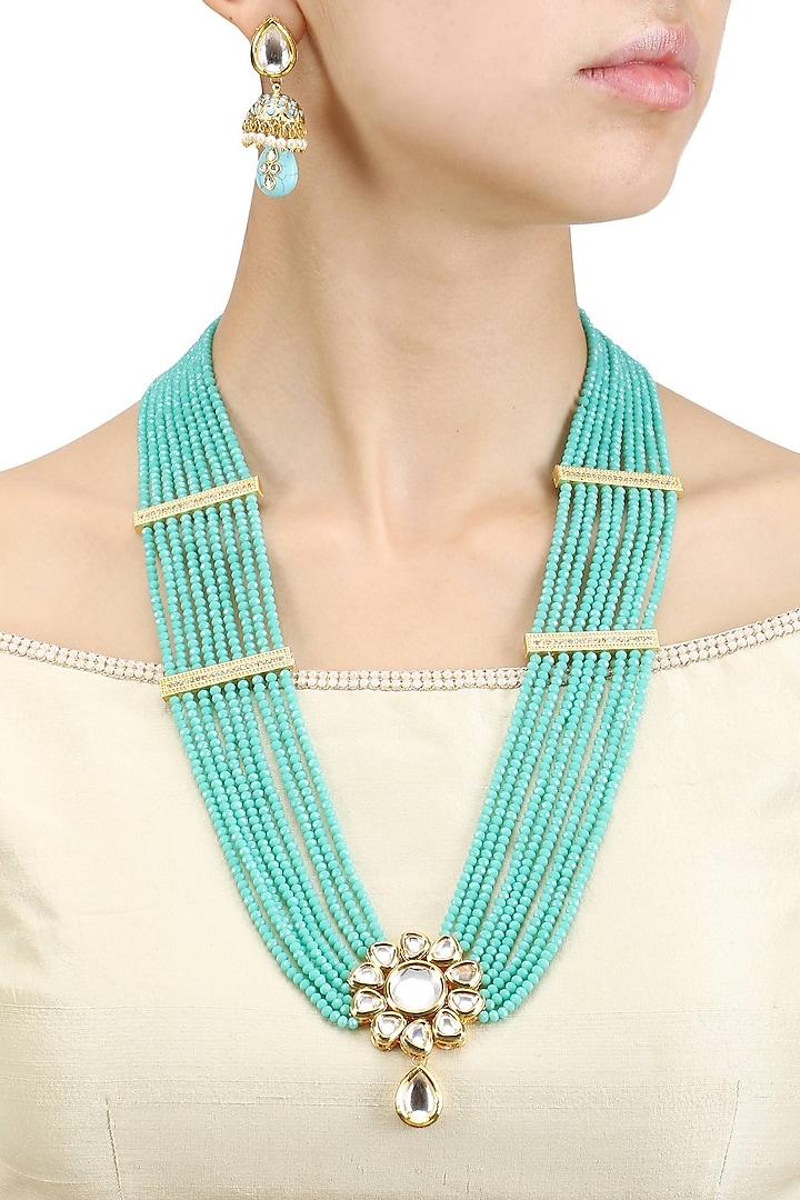 Gold Finish Kundan and Turquoise Beads Multiple String Necklace Set by Chhavi's Jewels