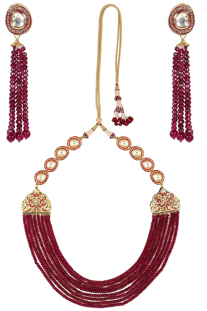Chhavi's Jewel presents Gold finish kundan stone and red beads necklace set available only at Pernia's Pop Up Shop.
