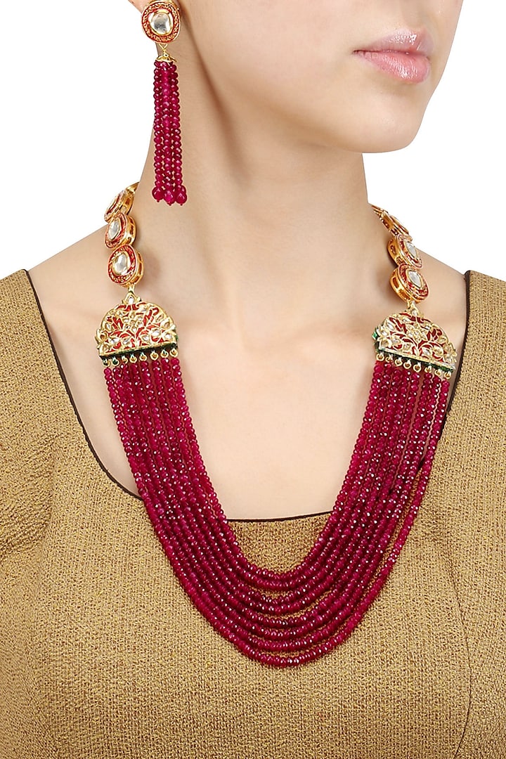Gold Finish Kundan Stone and Red Beads Necklace Set by Chhavi's Jewels